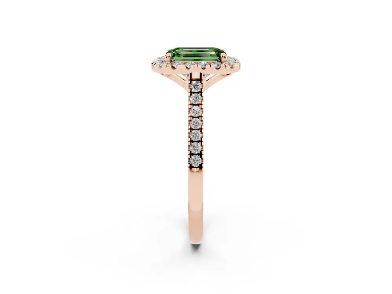 Emerald Cut Halo Engagement Ring Setting for a Fancy Green Lab-Grown Diamond | Tapered Band | Rose Gold