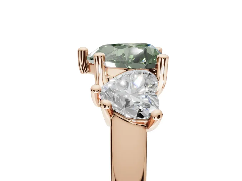 Heart-Shaped Three Stone Engagement Ring Setting for a Fancy Green Lab-Grown Diamond | Tapered Band | Rose Gold