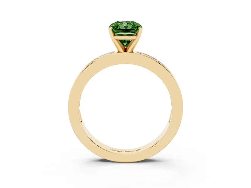 Fancy Green Radiant Cut Diamond Solitaire Ring Set in Yellow gold with Channel-Set Baguette Band and Prong Setting