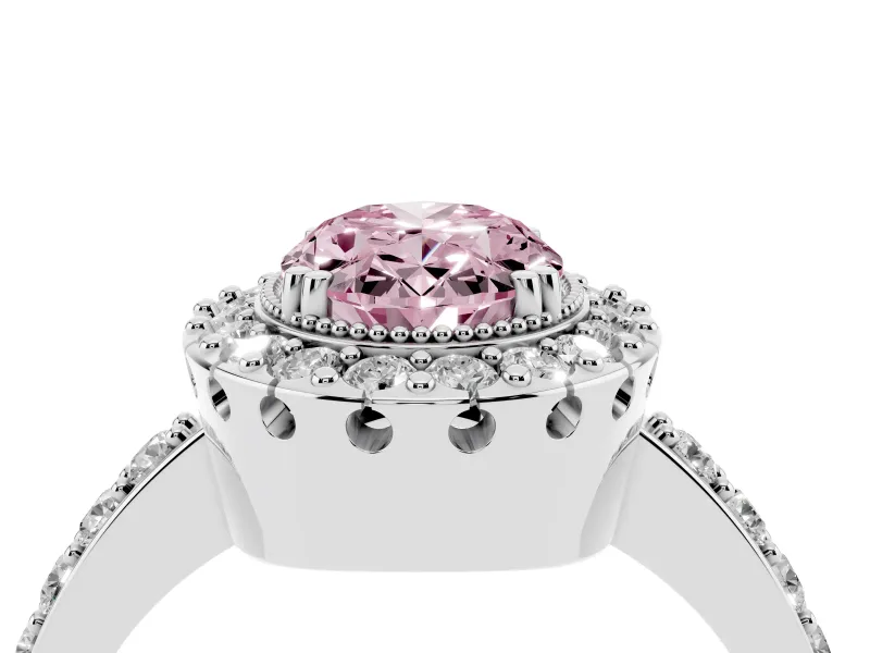 Oval Milgrain Halo Engagement Ring Setting for a Fancy Pink Lab-Grown Diamond | Pavé Shoulders | Sterling Silver