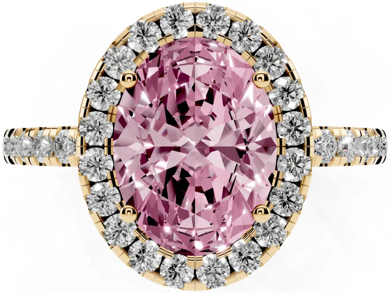 Fancy Pink Oval Cut Diamond Pavé Band Halo Engagement Ring Set in Yellow gold with Prong Setting