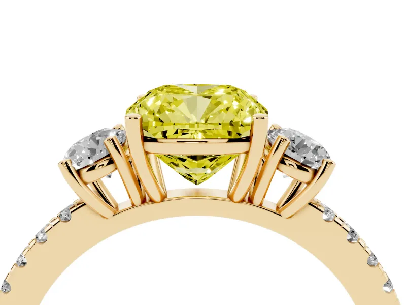 Cushion Cut Three Stone Engagement Ring Setting for a Fancy Yellow Lab-Grown Diamond | Pave Shoulders | Yellow Gold