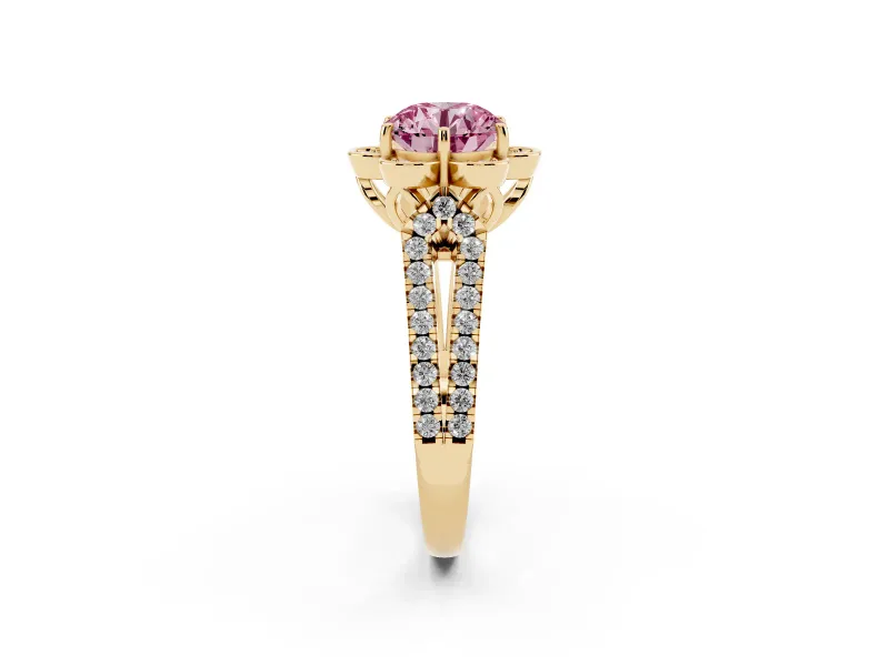 Round Floral Halo Engagement Ring Setting for a Fancy Pink Lab-Grown Diamond | Pavé Split Shank | Yellow Gold
