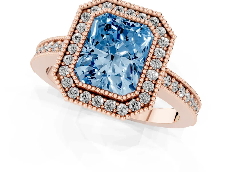 Fancy Blue Radiant Cut Diamond Halo Engagement Ring Set in Rose gold with Pavé Band and Round Halo Stones