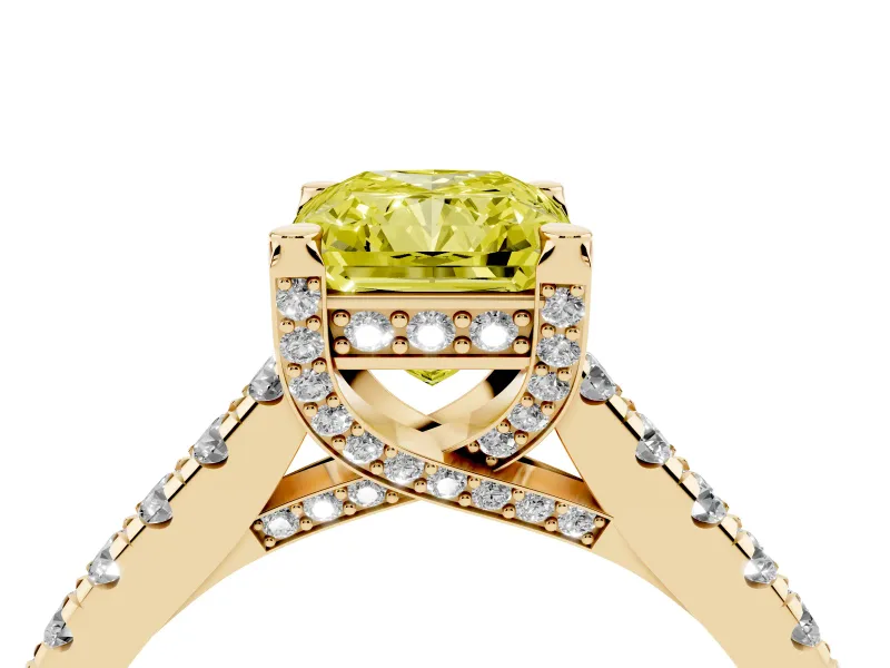 Radiant Cut Hidden Halo Pave Engagement Ring Setting for a Fancy Yellow Lab-Grown Diamond | Claw Prongs | Yellow Gold