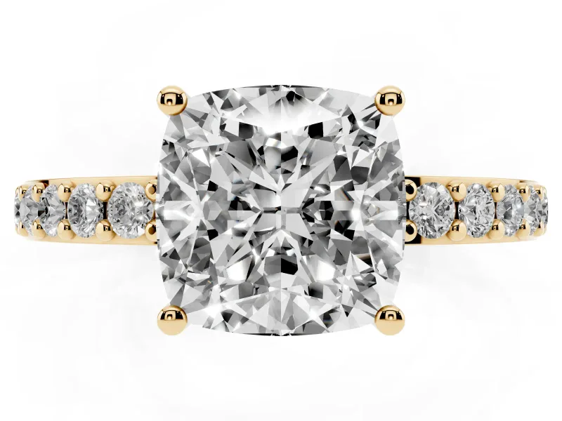 Cushion Cut Diamond Solitaire Set in Yellow gold with Round Pavé Band and Prong Setting