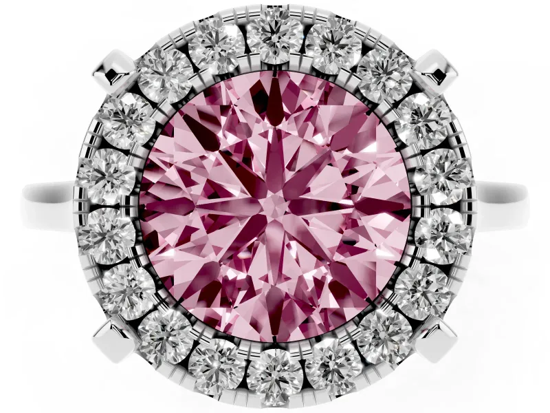 Round Halo Engagement Ring Setting for a Fancy Pink Lab-Grown Diamond | Claw Corners | White Gold