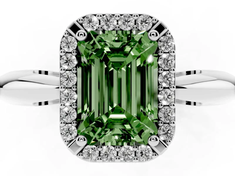 Fancy Green Emerald Cut Diamond Halo Engagement Ring Set in Platinum with Plain Split Shank and Prong Setting