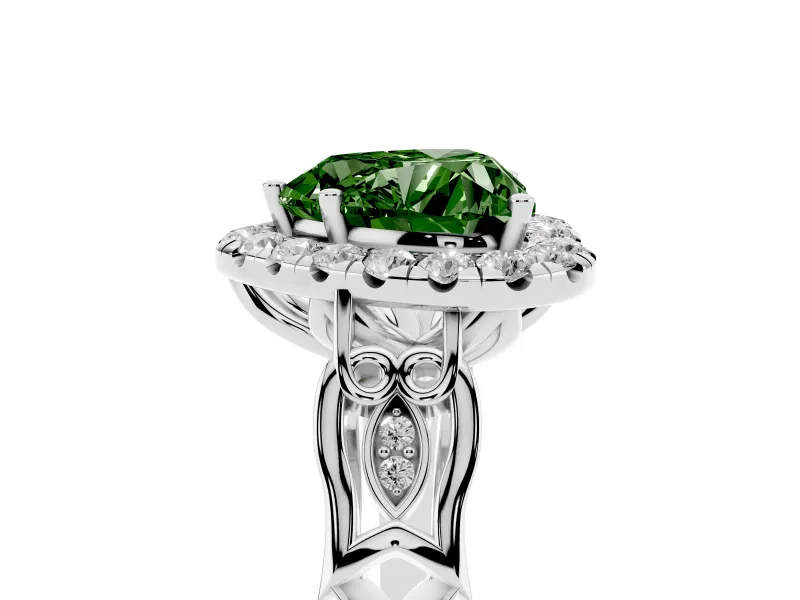 Fancy Green Heart Cut Diamond Halo Engagement Ring Set in White gold with Filigree Band and Prong-Set Center