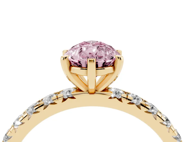 Fancy Pink Pear Cut Diamond Pavé Solitaire Ring Set in Yellow gold with Round Band and Prong Setting