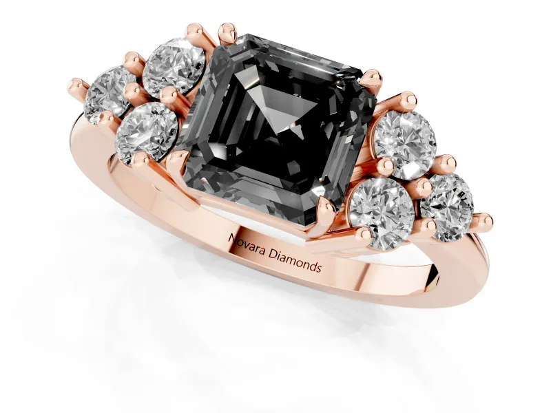 Asscher Cut Cluster Side Stone Engagement Ring Setting for a Black Center | Plain Band | Rose Gold