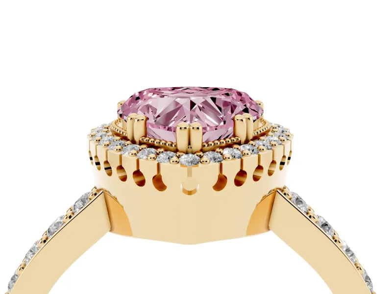 Fancy Pink Heart Cut Diamond Halo Engagement Ring Set in Yellow gold with Milgrain Detail and Pavé Band
