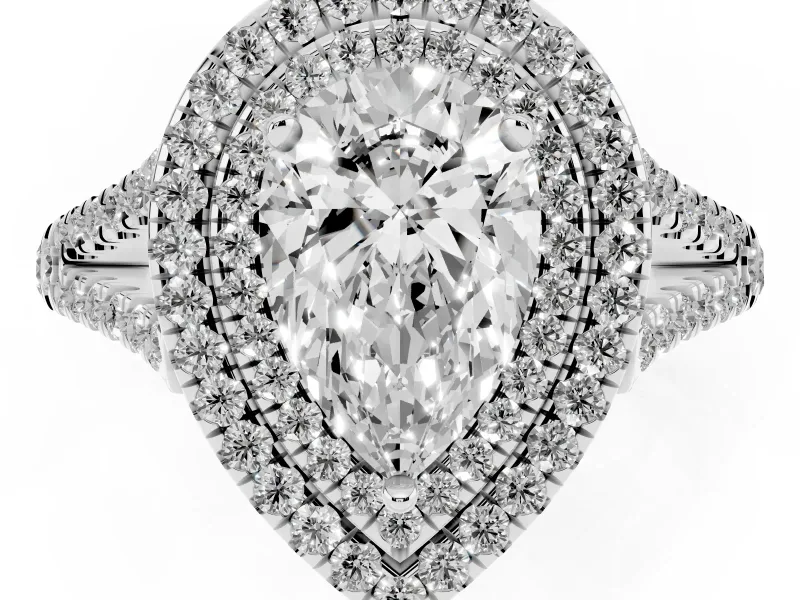 Pear-Shaped Double Halo Split Shank Engagement Ring Setting | Pavé Shoulders | Sterling Silver