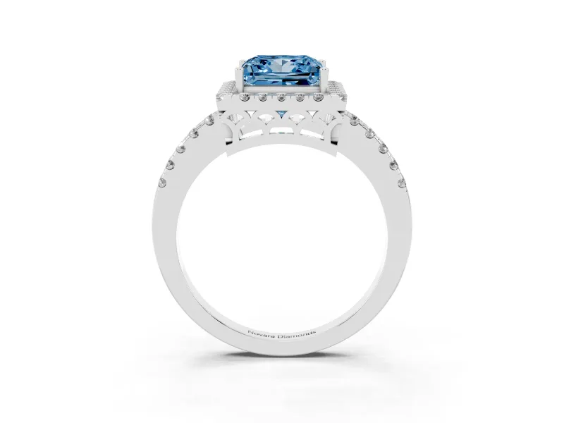 Fancy Blue Princess Cut Diamond Pavé Band Halo Engagement Ring Set in Silver with Prong Setting