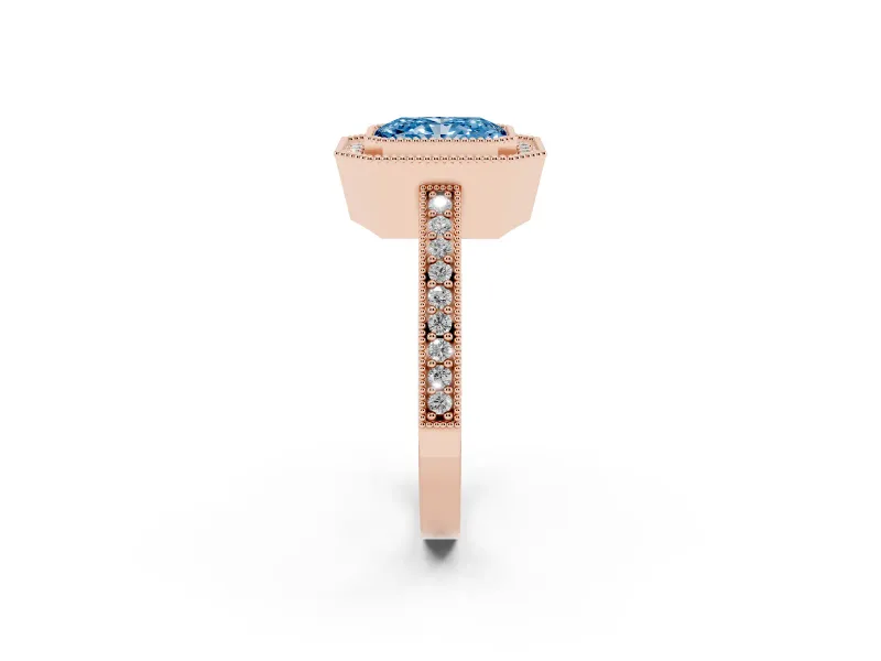 Fancy Blue Radiant Cut Diamond Halo Engagement Ring Set in Rose gold with Pavé Band and Round Halo Stones