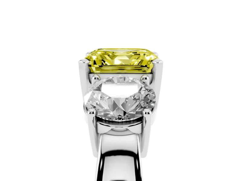 Asscher Cut Three Stone Engagement Ring Setting for a Fancy Yellow Lab-Grown Diamond | Wide Plain Band | Platinum