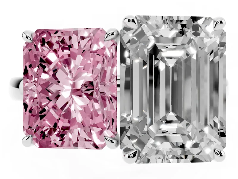 Fancy Pink Radiant Cut and Emerald Cut Toi Moi Ring Set in Silver with Prong Setting