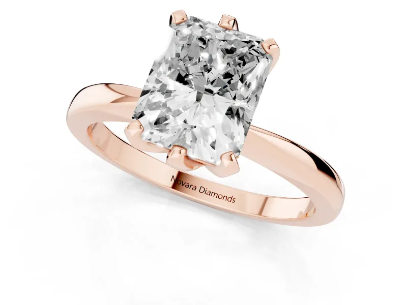 Radiant Cut Diamond Solitaire Engagement Ring Set in Rose gold with Slim Tapered Solitaire Band
