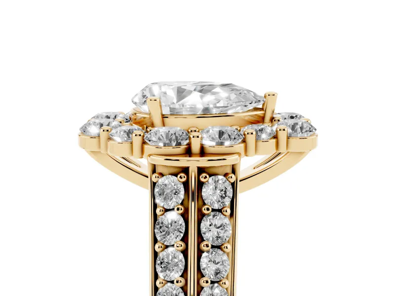 Pear Cut Diamond Halo Engagement Ring Set in Yellow gold with Split Shank and Prong Setting