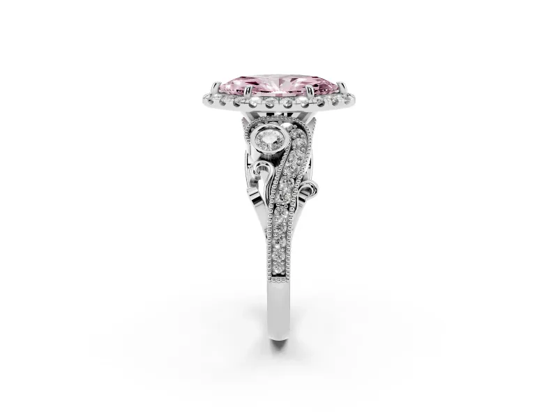 Fancy Pink Marquise Cut Diamond Halo Ring Set in Silver with Milgrain Pavé Band and Prong Setting