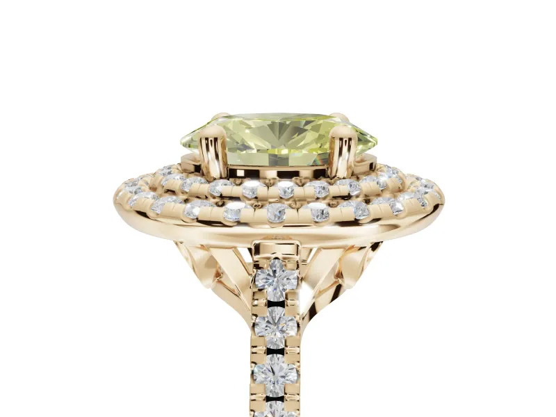 Canary Yellow Oval Lab-Grown Diamond Double Halo Statement Ring Set in Yellow Gold with Pavé Band