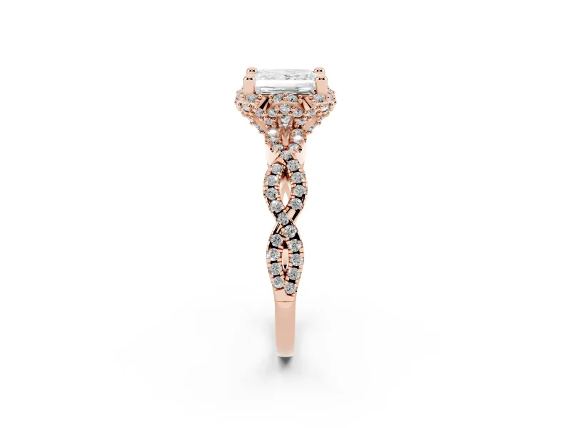 Princess Cut Milgrain Halo Engagement Ring Setting | Graduated Shoulders | Rose Gold