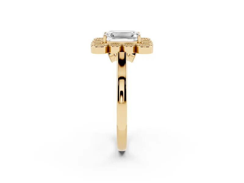 Emerald Cut Vintage Milgrain Bezel Cluster Halo Engagement Ring Setting | Plain Band | Yellow Gold