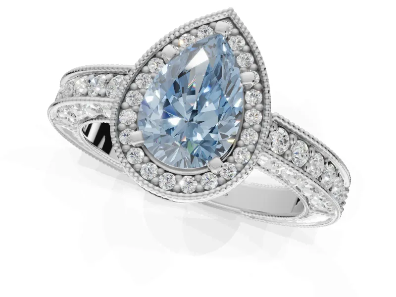 Pear-Shaped Milgrain Halo Engagement Ring Setting for a Fancy Blue Lab-Grown Diamond | Wide Pavé Band | White Gold