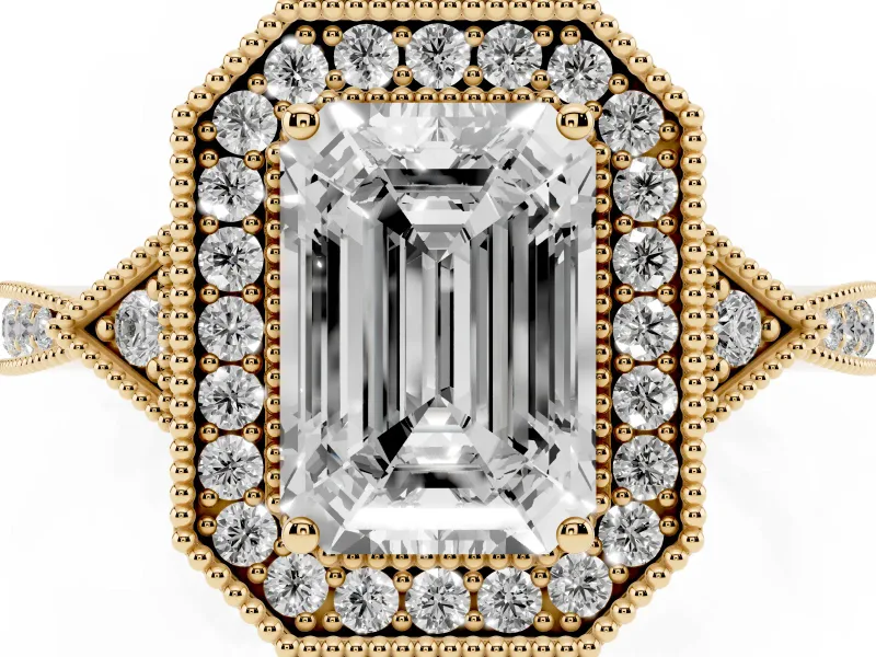 Emerald Cut Vintage Milgrain Halo Engagement Ring Setting | Graduated Pavé Band | Yellow Gold