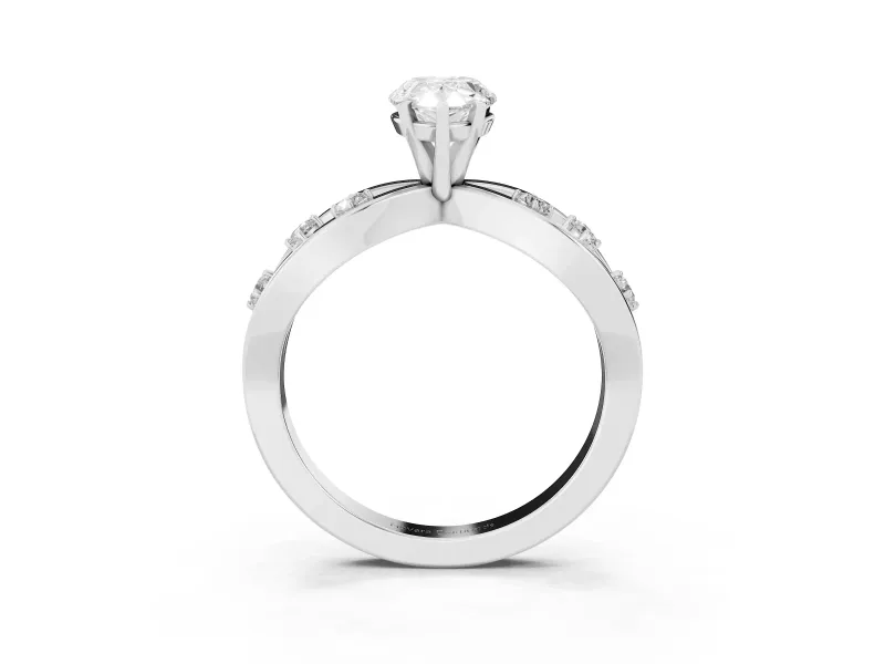 Pear Cut Diamond Solitaire Ring Set in Platinum with Side Stones on Criss-Cross Band and Prong Setting