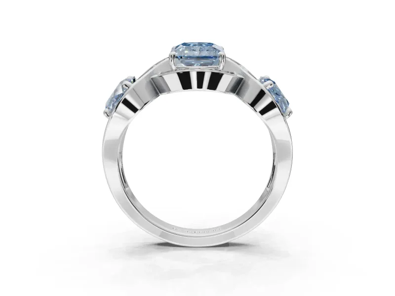 Radiant Cut Three Stone Engagement Ring Setting for a Fancy Blue Lab-Grown Diamond | Pavé Wave Band | Sterling Silver