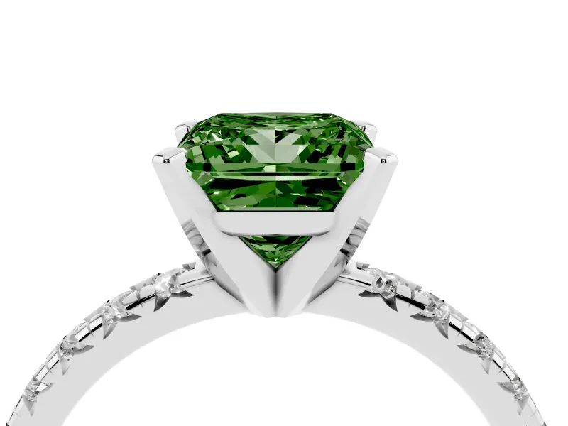 Fancy Green Princess Cut Diamond Solitaire Pavé Engagement Ring Set in White gold with Round Band and Prong Setting