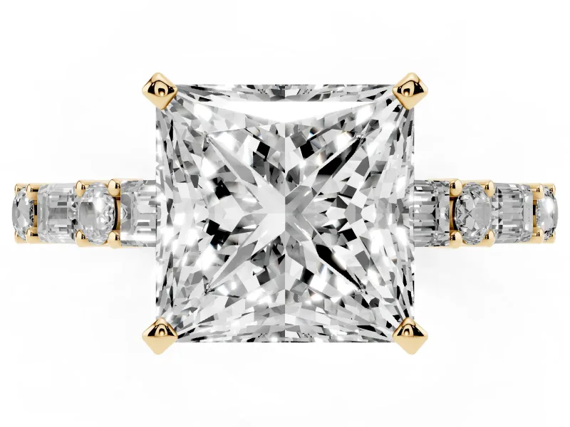 Princess Cut Diamond Solitaire Set in Yellow gold with Side Baguettes and Channel Set Band