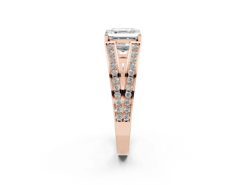 Asscher Cut Diamond Split Shank Ring Set in Rose gold with Pavé Band and Prong Setting