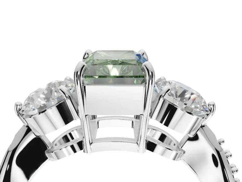 Radiant Cut Three Stone Engagement Ring Setting for a Fancy Green Lab-Grown Diamond | Tapered Pave Band | Platinum