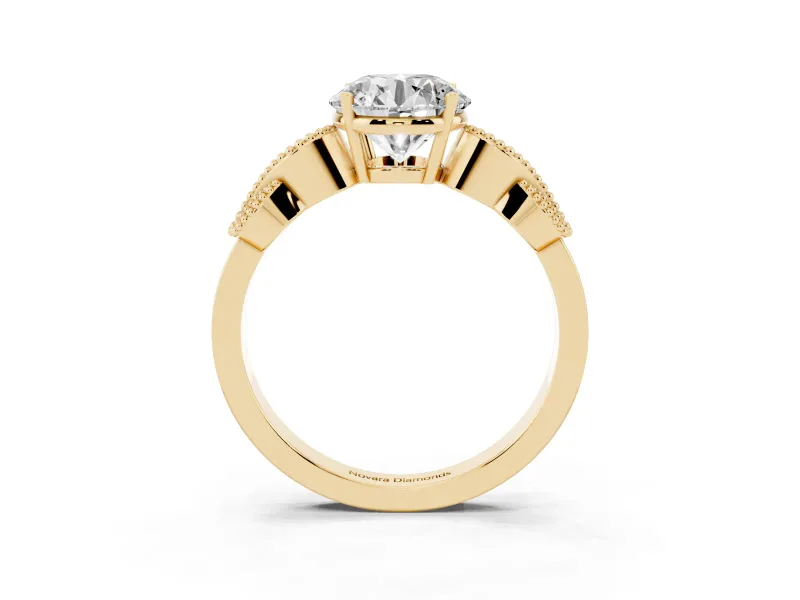 Round Vintage Leaf Solitaire Engagement Ring Setting | Milgrain Edges | Yellow Gold