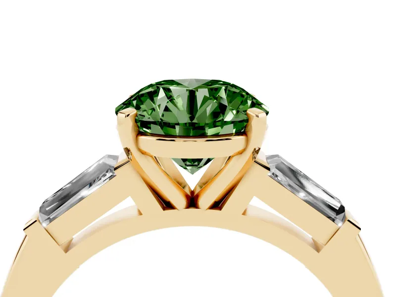 Fancy Green Round Cut Diamond Solitaire Ring Set in Yellow gold with Tapered Baguette Side Stones and Prong Setting