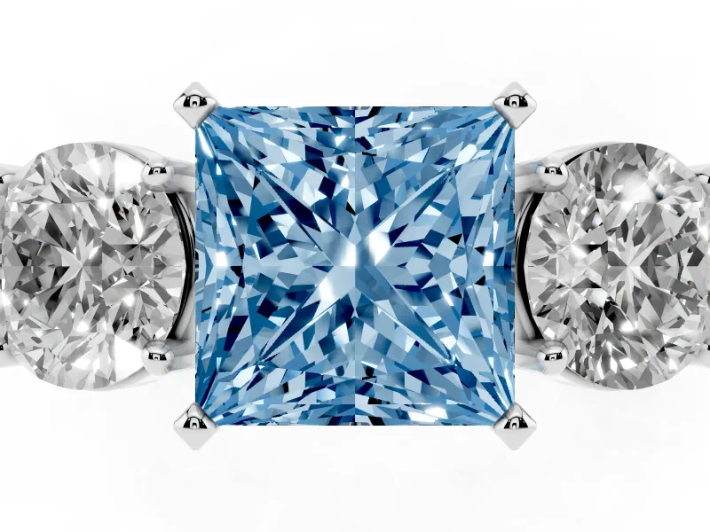 Princess Cut Three Stone Engagement Ring Setting for a Fancy Blue Lab-Grown Diamond | Wide Plain Band | Platinum