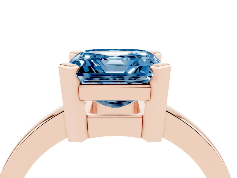 Fancy Blue Asscher Cut Diamond Solitaire Ring Set in Rose gold with Prong Head and Smooth Polished Band