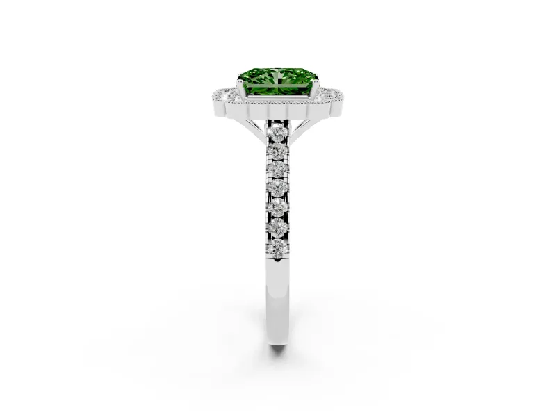 Fancy Green Radiant Cut Diamond Milgrain Floral Halo Engagement Ring Set in Silver with Pavé Band