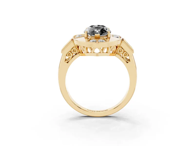 Fancy Black Marquise Cut Diamond Milgrain Halo Ring Set in Yellow gold with Split Shank