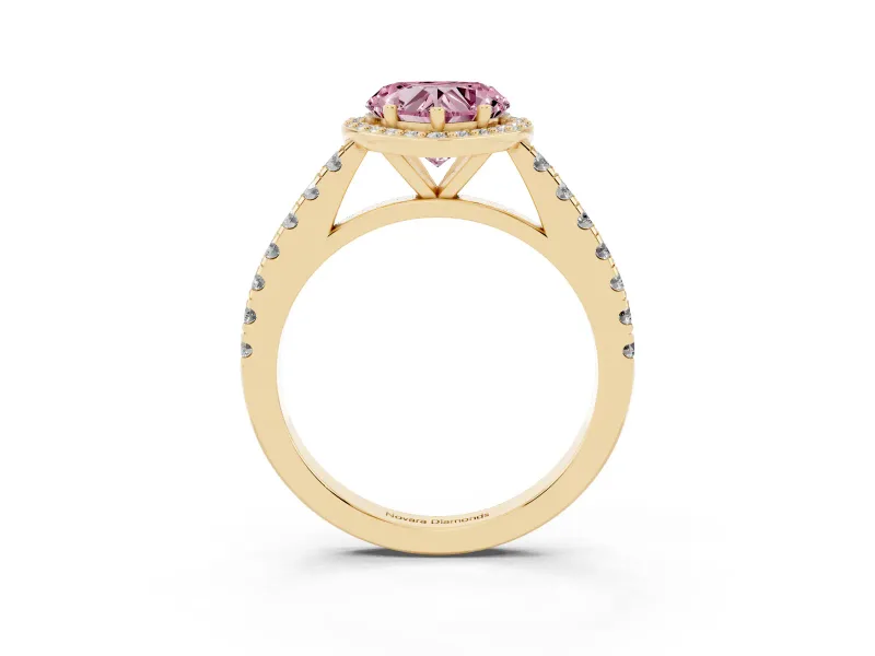 Fancy Pink Heart Cut Diamond Halo Engagement Ring Set in Yellow gold with Pavé Band and Prong Setting