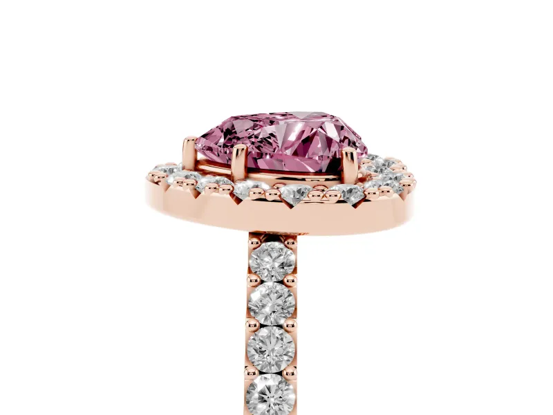 Fancy Pink Heart Cut Diamond Halo Pavé Solitaire Ring Set in Rose gold with Prong-Set Center Stone