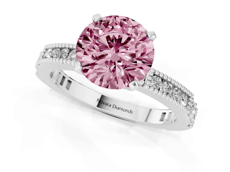 Fancy Pink Round Cut Diamond Solitaire Ring Set in Silver with Slim Pavé Band and Prong Setting