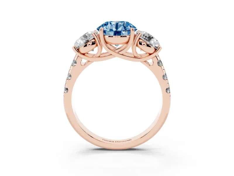 Round Three Stone Engagement Ring Setting for a Fancy Blue Lab-Grown Diamond | Accented Shoulders | Rose Gold