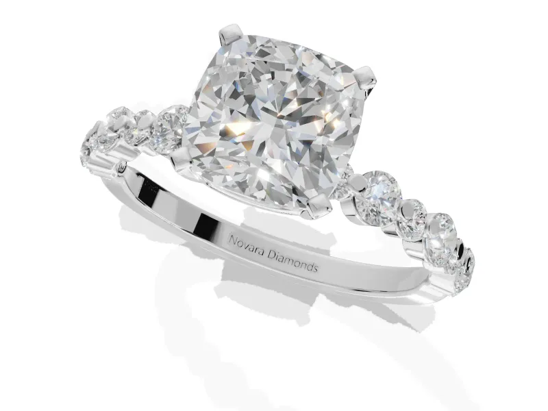 Cushion Cut Pavé Solitaire Engagement Ring Setting | Alternating Accents | White Gold