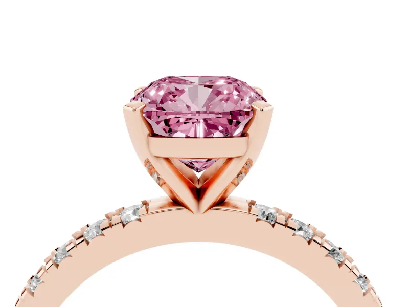 Fancy Pink Cushion Cut Diamond Pavé Band Solitaire Set in Rose gold with Prong Setting
