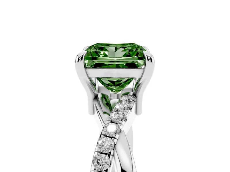 Fancy Green Princess Cut Diamond Twist Band Solitaire Set in Platinum with Pavé Accents and Prong Setting