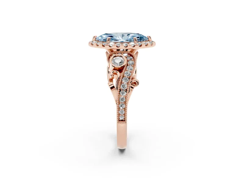 Fancy Blue Marquise Cut Diamond Halo Ring Set in Rose gold with Milgrain Pavé Band and Prong Setting