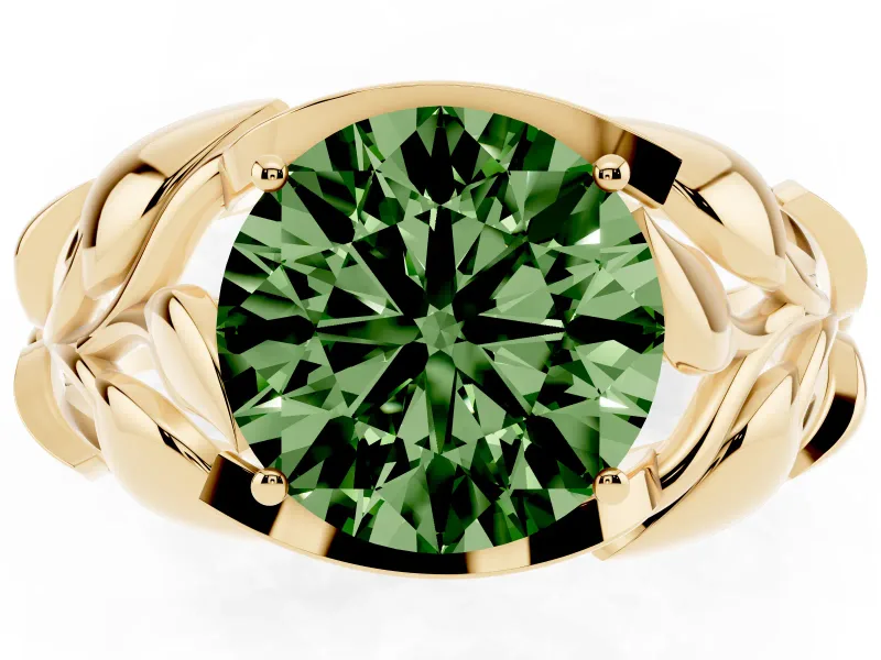 Fancy Green Round Cut Diamond Leaf-Inspired Engagement Ring Set in Yellow gold with Round Accents